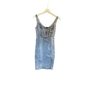 Utcoco Light Wash Denim Bodycon Midi Dress Acid Wash Corset Zip Front Small NWT